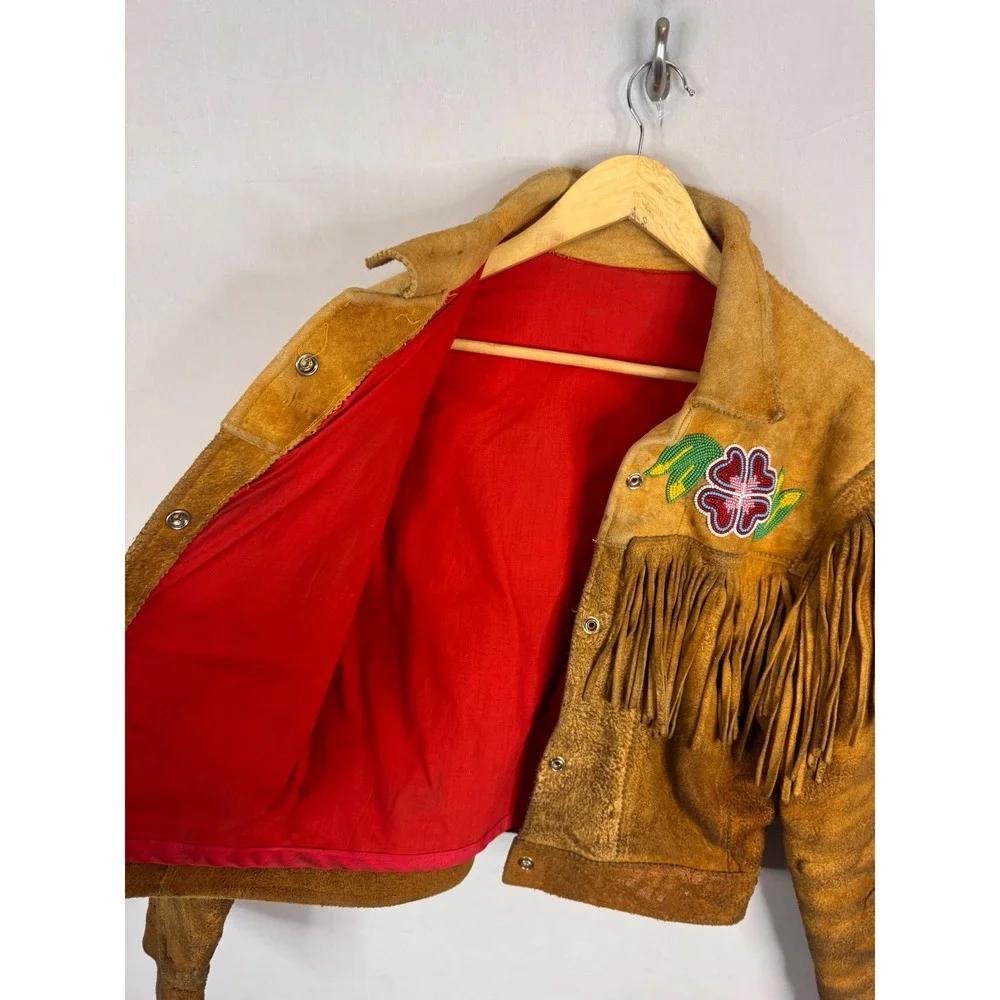 Vintage Buckskin Western Beaded Fringe Jacket Leather Floral Native Crop Women S - Picture 11 of 16